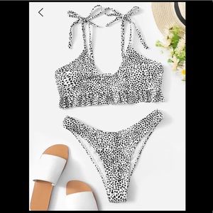 Dot Print Ruffle Top With High Cut Bikini